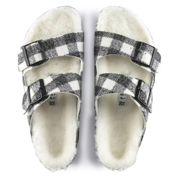 🆕BIRKENSTOCK Arizona Shearling Lined Wool Slide Sandals Black White Plaid 6-6.5 - Picture 3 of 12